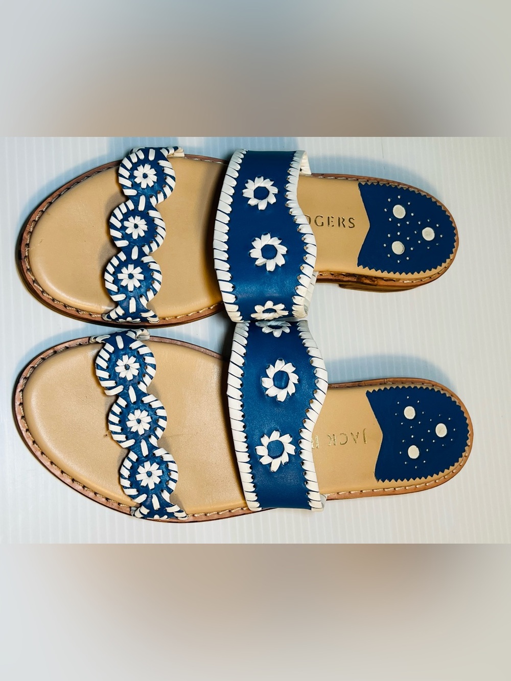 Jack Rogers Lauren Blue & White Double Scalloped Strap Slide Sandals Size 8.5